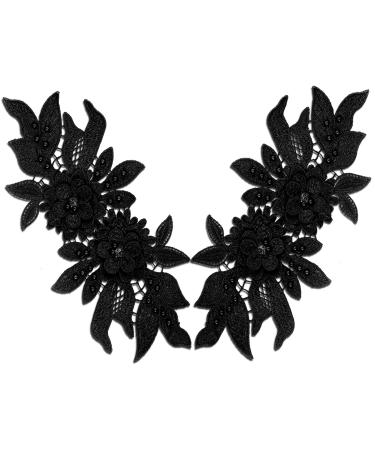 1 Pair 3D Lace Applique, Sew on Flower Bead Patches Embroidery Floral Motif Beaded Rhinestones Lace Trim Fabric Pearl Appliques Sewing Wedding Bride Dress Veil Clothes Decor (Black)