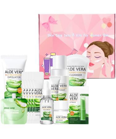 Aloe Vera Skin Care Sets & Kits - 13PCS Skin Care for Teenage Girls - Skincare Set for Women with Cleanser-Toner-Serum-Exfoliator-Face Cream-Hand Cream-Eye Cream-Lip Balm-Gel Mask*5 Skincare Gift Set 13PCS ALOE VERA