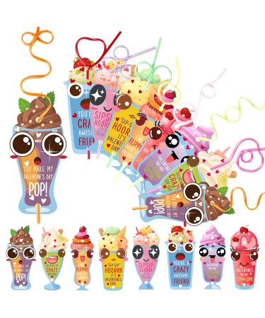 EIDIND 32pcs Valentines Day Straws with Cards for Kids Valentine Day Exchange Cards with Twisty Straws for School Girls Boys Toddlers Class Classroom Party Favors