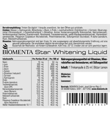 Biomenta Star Whitening Liquid - High-Dose Active Ingredients L-Glutathione Amino Acids & Plant Extracts - 12 Bitter Lemon Ready-to-Drink Ampoules - Premium Quality - Buy Online on GoSupps.com