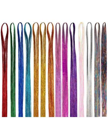 14 Colors 4200 Strands Hair Tinsel Extensions Shiny Colorful Straight Hair Extensions for Women Girls Party Cosplay Rainbow Synthetic Hair Extensions (36.6 Inches)