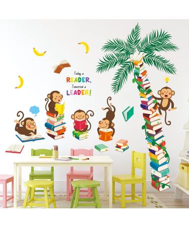 DECOWALL DSL-8065 Book Tree with Reading Monkey Wall Stickers Inspirational Decals Removable for Kids Library Classroom Nursery Bedroom Playroom Living Room