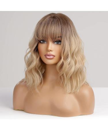 HAIRCUBE Short Blonde Curly Wigs with Dark Roots and Bangs - Wavy Bob Style for Women | Heat Resistant Synthetic - Buy Online on GoSupps.com