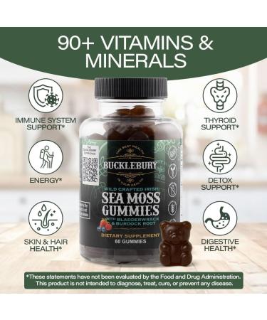 BUCKLEBURY Wild Crafted Irish Sea Moss Gummies with Bladderwrack & Burdock Root - Natural Chewable Multivitamin Vegan Sea Moss Gummies for Immune, Thyroid & Digestive Support - 60 Count - Buy Online on GoSupps.com