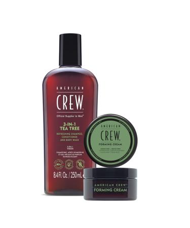 American Crew Care Duo Set: 3 in 1 Shampoo - Shampoo, Conditioner & Shower Gel (250ml) - Tea Tree Scent + Forming Cream, Hair Wax (50g)