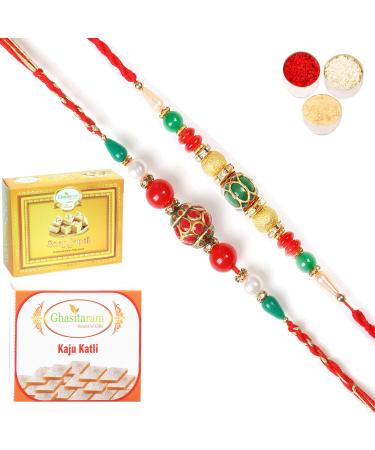 Ghasitaram Gifts Rakhi for Brother Rakhis Online - Set of 2 268 270 Fancy Rakhis with 200 GMS of Kaju katli and 200 GMS of Soan Papdi