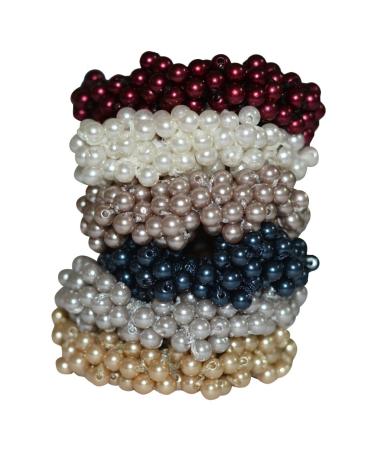 Bzybel 6pcs Thick Solid Decorative Pearl Stretch Hair Ties Pony Elastics Ponytail Holders Pigtail Ties Hair Bands for Girls Women Ladies Thick Fine Hair Accessories
