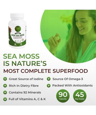 Sea Moss Organic Vegan Capsules with Bladderwrack & Burdock Root - 90 Capsules, 4000mg per Serving, Rich in Iodine - Non GMO, Gluten Free - Buy Online on GoSupps.com