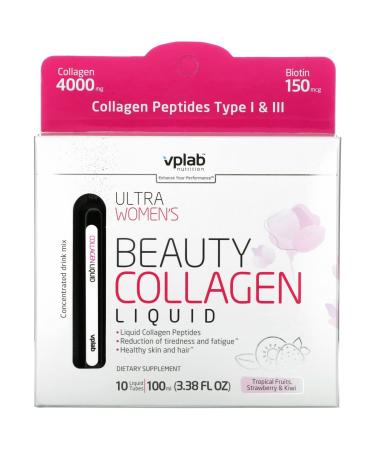 Vplab Ultra Women's Beauty Collagen Liquid Tropical Fruits Strawberry & Kiwi  4000 mg 10 Liquid Tubes