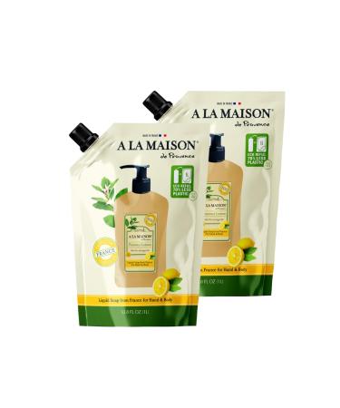 A LA MAISON French Liquid Hand Soap RefilL - Natural Hand Wash Made with Essential Oils - Biodegradable Plant-Based Vegan Cruelty-Free (33.8 Fl Oz Pouch 2 Pack Provence Lemon)