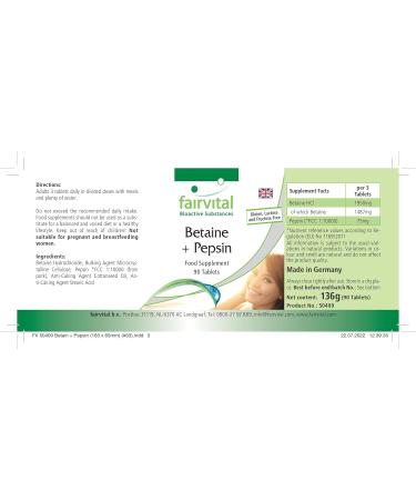 Fairvital Betaine HCl with Pepsin - 650mg Digestive Enzymes - 90 High Dose Tablets for Optimal Digestion | International Shipping Available - Buy Online on GoSupps.com