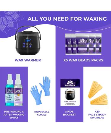Bella Verde Waxing Kit - Home Wax Kit for Women and Men with LED Display - Includes 5 Packs of Wax Beads, Wax Warmer, Pre & Post Wax Spray, Wax Pot, 20 Wood Sticks - Hard Wax Beans for Brazilian Body, Legs, Eyebrows, Face, Lips, and Armpits - Buy Online on GoSupps.com