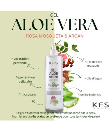 KFS Aloe Vera gel pur naturel l huile de Rose musqu e et d Argan 500 ml. Absorption imm diate et agr able texture non grasse. Nourrit hydrate rafra chit et soigne la peau. Apr s-soleil. Afersun - Buy Online on GoSupps.com