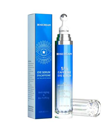 Hicream Eye Cream with 5% Caffeine Hyaluronic Acid, Eye Serum with 360 Roller Massage Ball for Puffy, Fine Lines, Dark Circles and Wrinkles, Under eye Treatment Serum for Women & Men