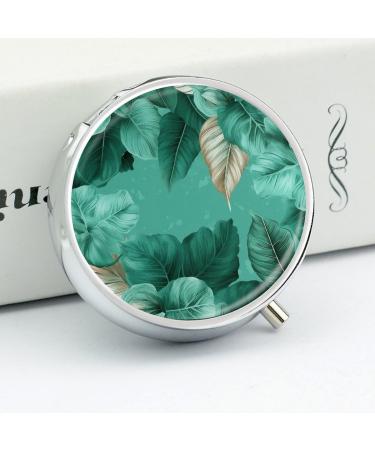 Round Pill Box with Turquoise Green Leaves | 3 Compartment Decorative Metal Pill Organizer | Portable Pocket Case - Style-2 - Buy Online on GoSupps.com