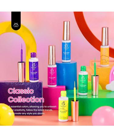 beetles Gel Polish Nail Art Gel Liner Polish Set - 6 Neon Gel Nail Polish Colours Hot Pink Orange Blue Yellow Paint for Nails Built Thin Brush in Bottle Soak off Uv LED Lamp Rainbow Nails-LG196 - Buy Online on GoSupps.com