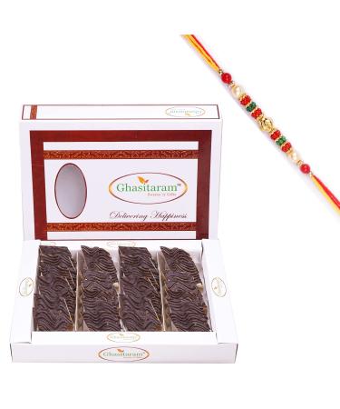 Ghasitaram Gifts Rakhi Gifts for Brothers Rakhi Sweets - Chocolate Coated Kaju Katlis 400 GMS with Beads Rakhi