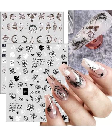 Retro Flower Nail Art Stickers - 12 Sheets Self-Adhesive Decals for DIY Nail Design - Vintage Floral Vine Letters in Black and White - Nail Supplies for Women - Buy Online on GoSupps.com