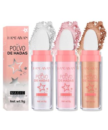3Pcs Polvo De Hadas Body Highlighter Powder Highlighter Stick Fairy Face Blusher Patting Powder Highlighter Long Lasting Highlighter Factor The Sponge Head Design -White Pink Golden Brown