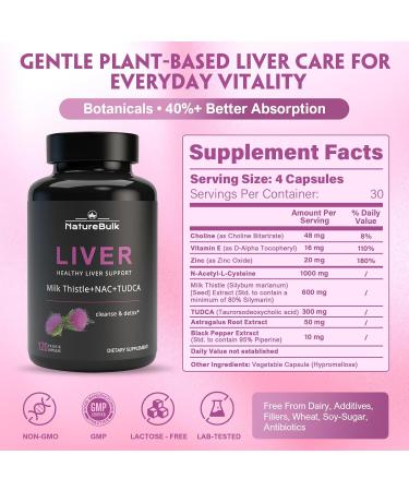 NATUREBULK Premium Liver Support Complex - 120 Capsules with TUDCA NAC Milk Thistle Extract & Astragalus - Advanced Formula with Choline Vitamin E & Zinc - 30 Day Supply - Buy Online on GoSupps.com