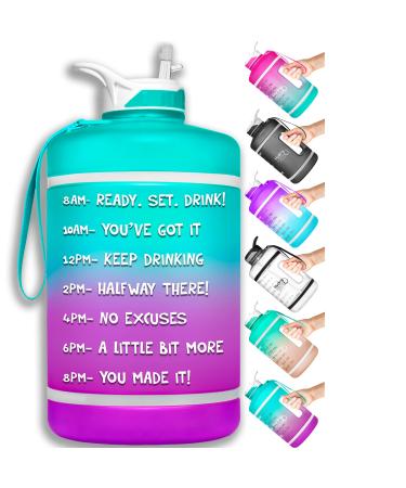 NatureWorks HydroMATE Gallon Water Bottle with Straw BPA FREE Leak Proof Reusable Water Bottle with Times to Drink Marked Hourly 128 oz 02 Purple Turquoise