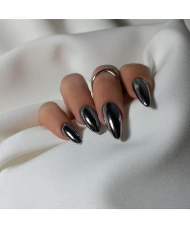 Smoky Grey Chrome Press On Nails | KQueenest Medium Almond Stiletto | 24 PCS Bling Fake Acrylic Nails for Daily & Party Wear - Buy Online on GoSupps.com