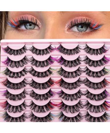 Uranian False Eyelashes with Color Fluffy Faux Mink Colored Lashes D Curl Strip Long Eye Lashes 14 Pairs Dramatic Lashes Volume Fake Eyelashes for Women and Girls