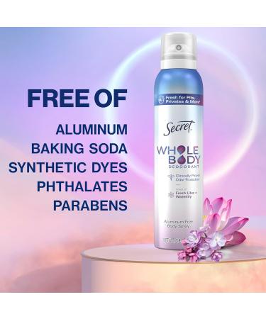 Secret Whole Body Deodorant Spray for Women Lilac & Waterlily Scent Aluminum Free Deodorant Spray 72 HR Odor Protection 3.5 oz - Buy Online on GoSupps.com