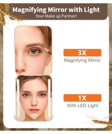 Rechargeable Wheat Straw Compact Mirror with Light - Natural Organic Fiber, 1x/3x Magnifying, Portable Travel Makeup Mirror - Pink - Buy Online on GoSupps.com