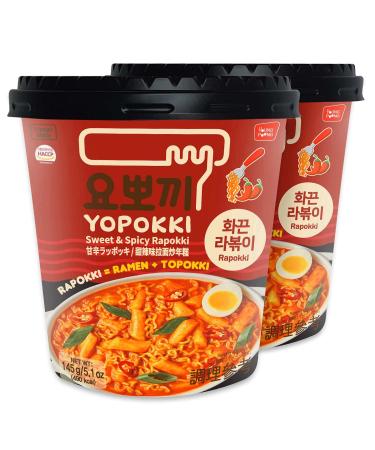 Yopokki Hot Spicy Rabokki Cup I Ramen Noddle Tteokbokki Topokki Rice Cakes (Hot Spicy Flavored Sauce, 2 Cup) Korean Snack
