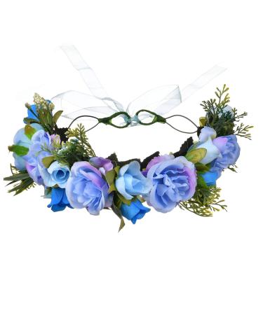 Handmade Adjustable Flower Wreath Headband Halo Floral Crown Garland Headpiece Wedding Festival Party(H-cerulean)