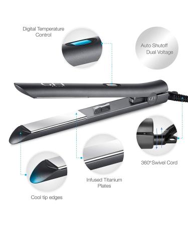 GFI Titanium Flat Iron Hair Straightener with Turbo Heating Element - Adjustable Temperature Control for All Hair Types - Includes Pouch and Heat-Resistant Glove - Buy Online on GoSupps.com