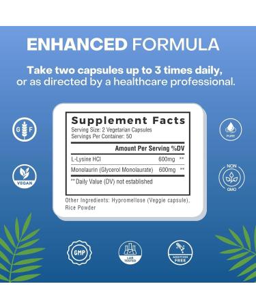 L-Lysine + Monolaurin 600mg - 100 Capsules | Immune Support Supplement | Buy Internationally - Buy Online on GoSupps.com