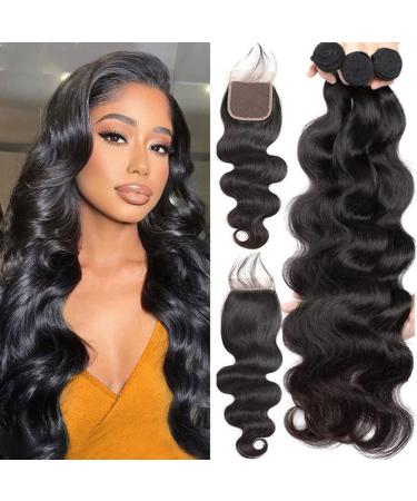 Vallbest 10A Brazilian Body Wave Bundles with Closure (20 20 20+18) 100% Unprocessed Weave bundles human hair with closure 3 bundles and Lace closure Remy Virgin hair Natural Color for Black Women Body Wave Bundles with Closure 20 20 20+18Closure