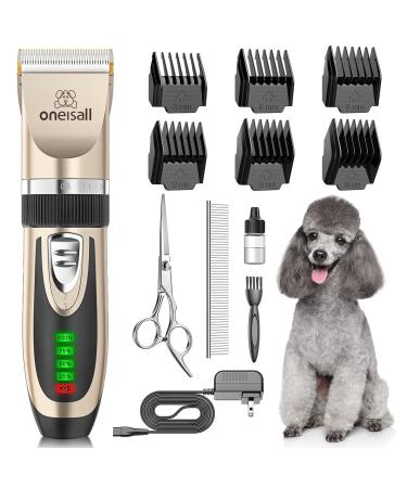 oneisall Dog Clippers Low Noise, 2-Speed Quiet Dog Grooming Kit Rechargeable Cordless Pet Hair Clipper Trimmer Shaver for Small and Large Dogs Cats Animals (Gold)