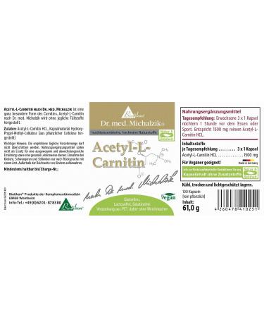 Acetyl L-Carnitine 500mg - High Dose 100 Capsules | Biotikon | No Additives | Dr. Med. Michalzik Approved - Buy Online on GoSupps.com
