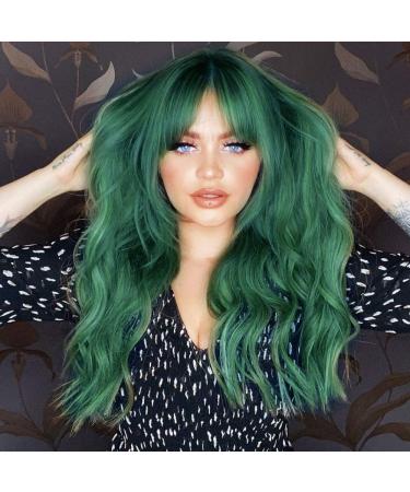 ANDRIA Green Wig with Bangs Blue Color Wig Wet and Wavy Long Loose Curly Wave Synthetic Heat Resistant Fiber Black Ombre Green Hair Wig for Women 26 Inch