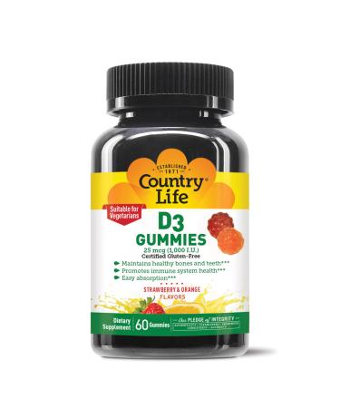 Country Life Vitamin D3 Gummies 1 000 IU Promotes Immune Health Great Taste Strawberry & Orange Flavor 60 Gummies Certified Gluten Free Certified Vegetarian 60 Count (Pack of 1)