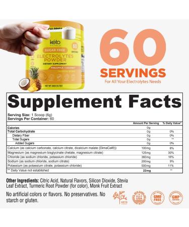 Keto Vitals Electrolytes Powder - Sugar Free Keto Electrolytes Powder with Potassium Magnesium Sodium & Calcium - No Sugar Electrolyte Drink Mix & Hydration Powder 60 Servings Pineapple Coconut - Buy Online on GoSupps.com