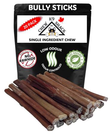 Bully Sticks - Low Odour - **6" Thin - 20 Pack Minimum** - Premium Single Ingredient Dog Chew - 100% Beef - All Natural/Organic - Dental Care - Rawhide Free