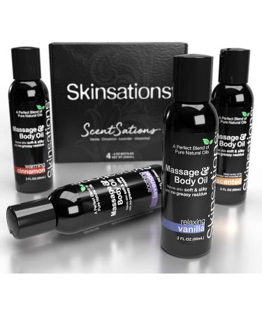 Skinsations Sensual Massage & Body Oil Kit - Set of 4, Vanilla, Cinnamon, Lavender Scents - Edible Sweet Almond, Coconut, Grape Seed & Jojoba Oils - Buy Online on GoSupps.com