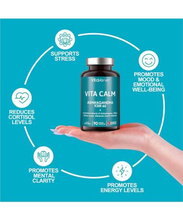 Vita Calm All-in-One Stress Relief with Ashwagandha KSM 66 12000mg - High Strength 12:1 Extract with Rhodiola Rosea, Passion Flower, and Bacopa - L-Theanine, Magnesium, B Complex for Anxiety and Relaxation - Buy Online on GoSupps.com