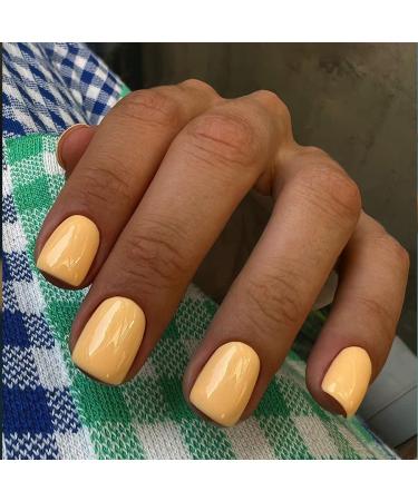 Justotry 24 pieces monochrome angular nails to stick on short glossy yellow press on nails long -term artificial nail fake nails square fingernails artificial nails for women yellow & solid1