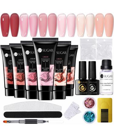 UR SUGAR Poly Nail Gel Kit Jelly Pink 6 Colours Pink Transparent Nude Poly Extension Gel Nail Set All Seasons Builder Nail Gel Enhancement Starter Kit with Slip Solution Basic Manicure Tools Jelly Pink Kit