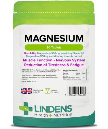 Lindens 500mg Magnesium Tablets | 90s 1-a-Day | Made in The UK | Tiredness Muscle Function Energy Bones Teeth Nervous System | Letterbox Friendly | Vegan Unflavoured 90