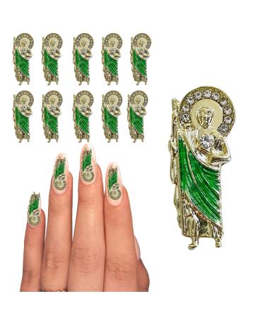 San Judas Nail Charm Decoration,10PCS San Judas Tadeo 3D Nail Diamonds Art Charms,Nail Gold Charms for Acrylic Nails Rhinestones,Nail Gems and Crystals Jewels,Nail Stones Design Green