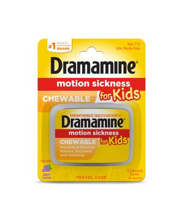 Dramamine Motion Sickness for Kids, Chewable, Dye Free, Grape Flavored, 8 Count 8 Count (Pack of 1) Grape Chewable