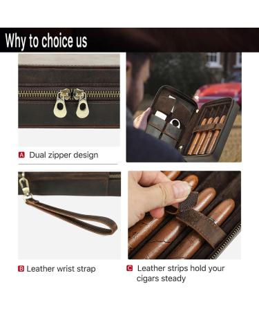 Vintage Crazy Horse Cowhide Leather Cigar Box 4 Cigars Traveling Cigar Set Storage Box with Wrist Wrap and Storage Pockets- Zipper Closure for Man - Buy Online on GoSupps.com