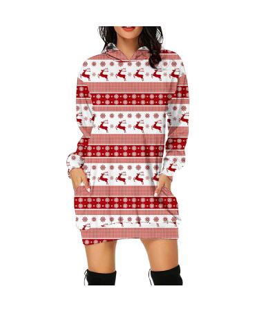 Hanxiulin Christmas skirt for women bag Christmas elk party dresses mini sweater hoodies with bag top long -sleeved shirt oversize long -sleeved blouse dresses upper part jumper elegant mini dress red s