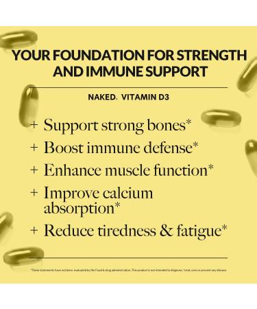 Naked Vitamin D3 5000 IU High Potency Vitamin D Supplement for Immune Support Bone Strength Muscle Function 200 Vitamin D Softgels - Buy Online on GoSupps.com